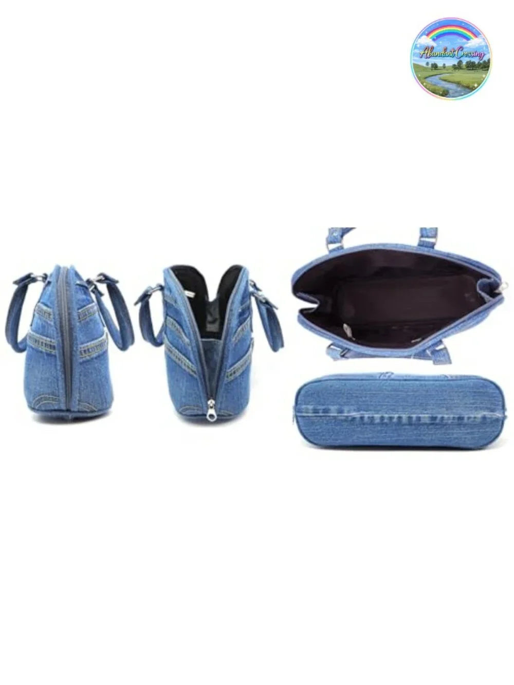 Upcycled Denim Curved Satchel Top Handle Handbag Purse